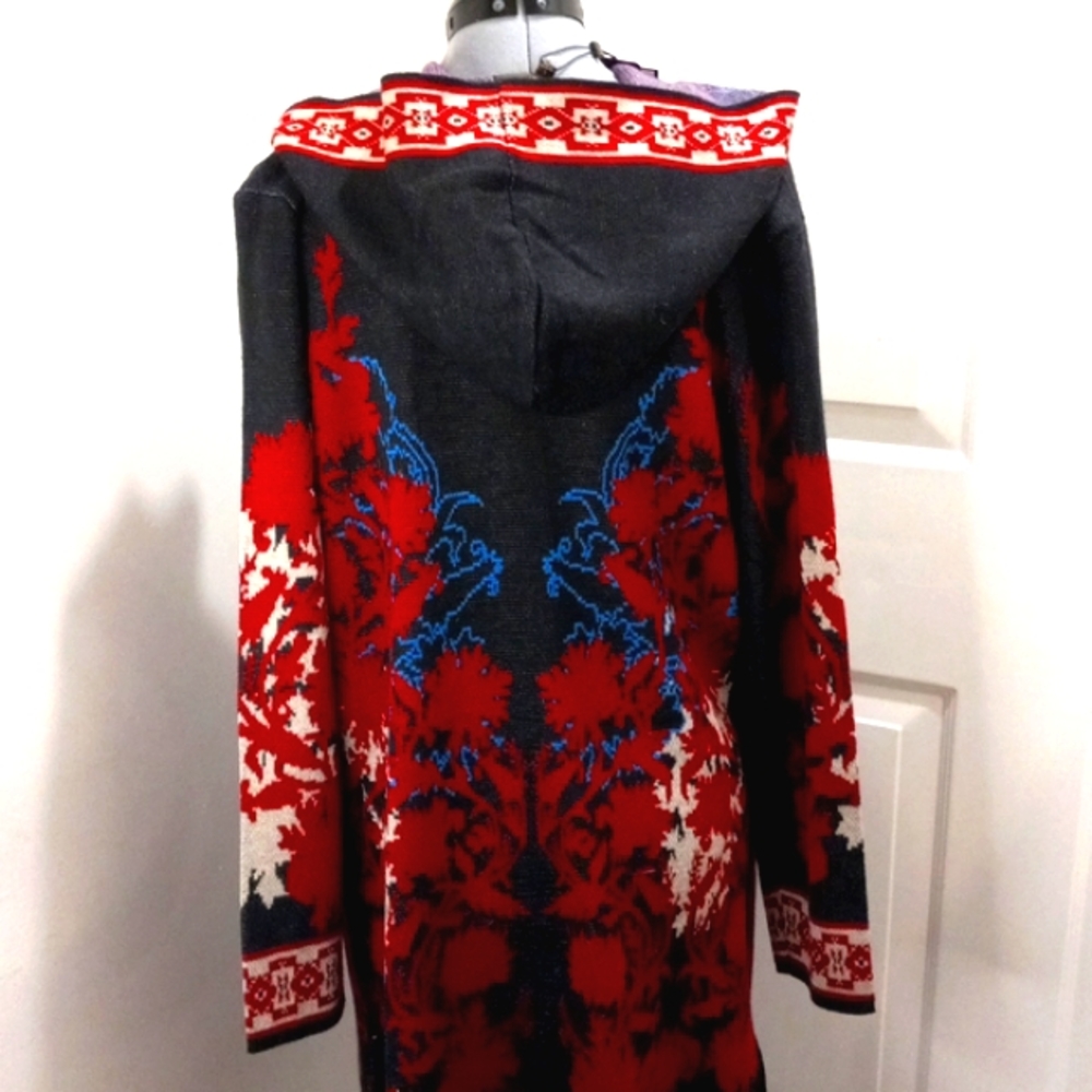 NWT. MaxSport Elegantly Styled Hooded Charcoal/Red Long Boho Cardigan Sz Small